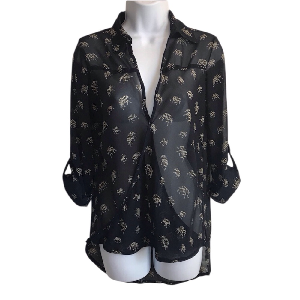 🔴 4/$15 JAPNA Jr S Black Sheer Elephant Print Long Convertible Sleeve Blouse EUC